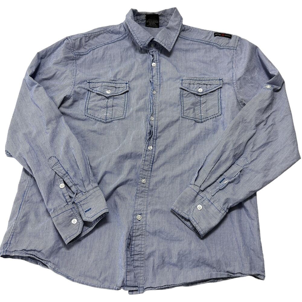 WT02 Shirt Men Size 2XL XXL Blue White Long Sleeve Button Up 100% Cotton